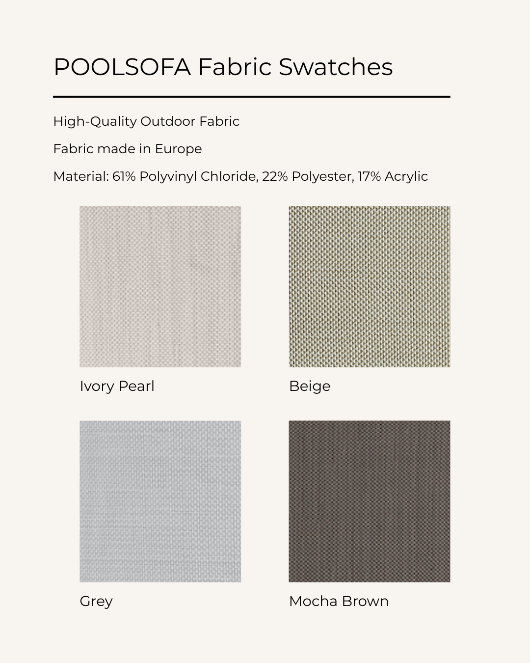 Poolsofa fabric swatches in Ivory Pearl, Beige, Grey, and Mocha Brown on a white background.