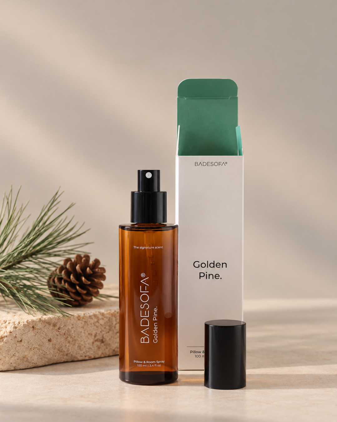 BADESOFA accessory, a 100 ml pillow and room spray label as 'Golden Pine' on a plain white background | 