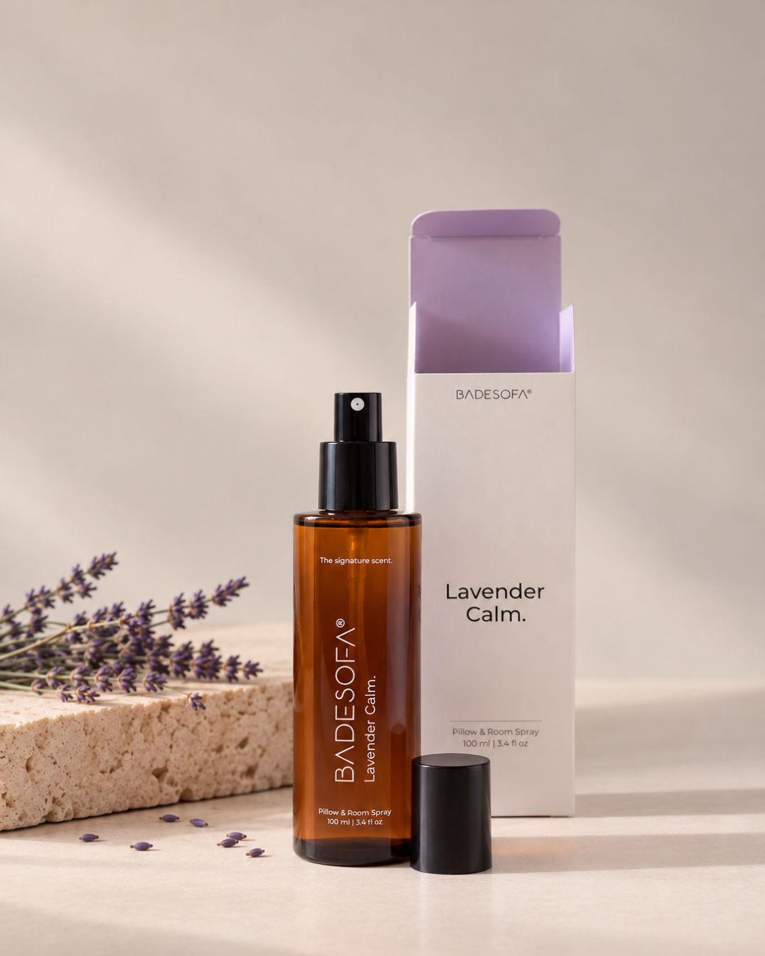 BADESOFA accessory, a 100 ml pillow and room spray label as 'Lavender Calm' on a plain white background | 