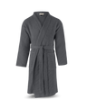 A product shot of a BADESOFA waffle-weave bathrobe with a tied belt and pockets | #color_charcoal