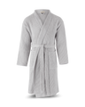 A product shot of a BADESOFA waffle-weave bathrobe with a tied belt and pockets | #color_grey